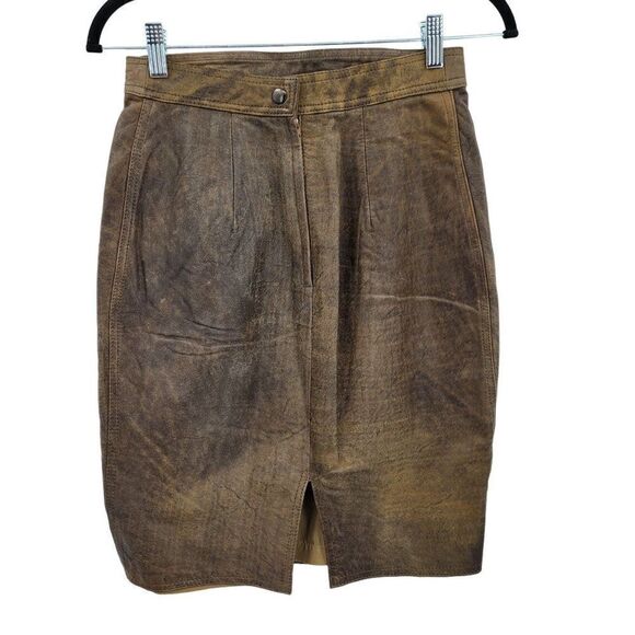 Vintage 80's Winlit Skirt Leather Country Rustic Distressed Pencil Brown Sz S - Picture 4 of 9